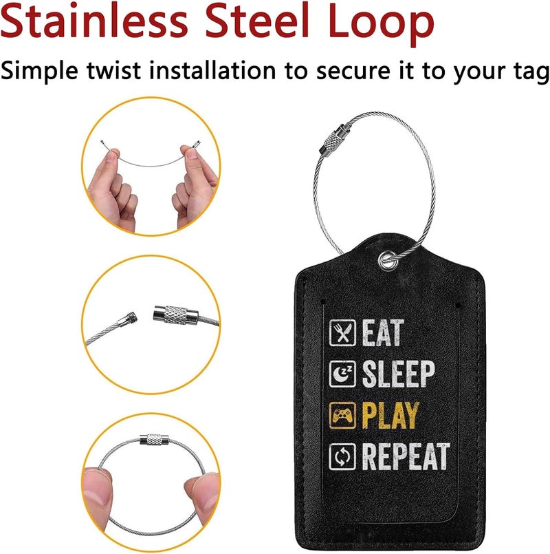 GACCAP 2 Pack Luggage Tags for Suitcase, Privacy Cover ID Label with Stainless Steel and Address Card for Travel Bag Backpack Cruise Ship Essentials Tag Men Boys - Eat Sleep Play Repeat - Image 2